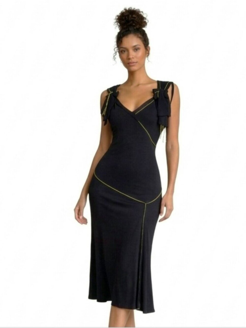 NWT Maxi Studio Black With Green Piping & Shoulder Bow Asymmetrical Midi Dress